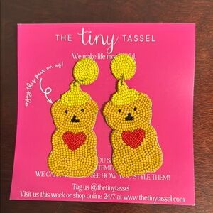 Yellow Bear Earrings. Beaded. Tiny Tassel
